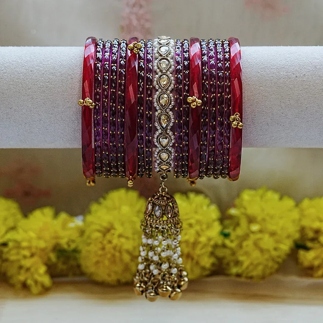 Traditional Glass Bangles Set for Women (Both Hand) - The Golden Cascade